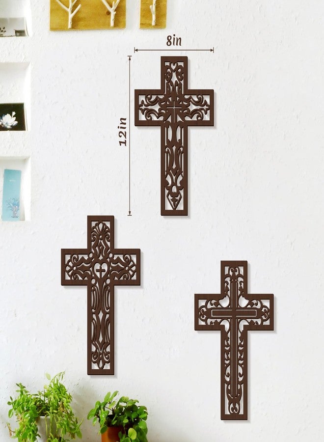 Bnesi 3 Pcs Wooden Cross Wall Art - Brown Carved Pattern Religious Crosses for Living Room, Church, Wedding, Office, Hospital - Image 3